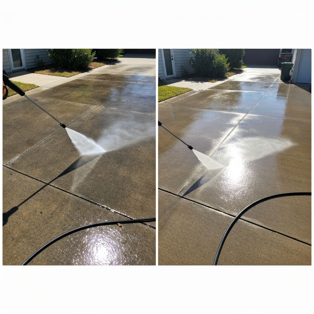 High-pressure water jet cleaning a concrete driveway