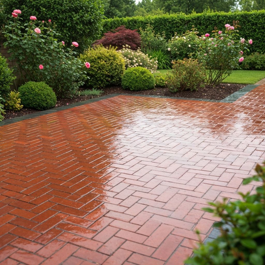 Clean wet pavers glistening after professional pressure washing